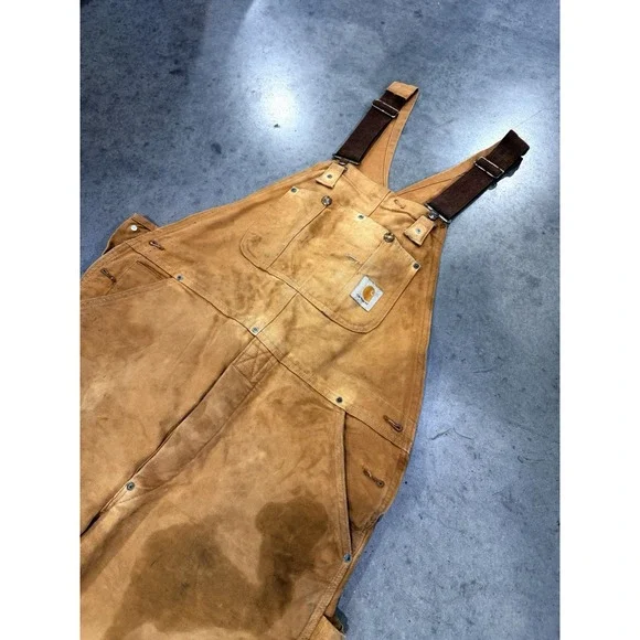 Vintage Carhartt Double Knee Insulated 38x32 Duck Canvas Overalls Distressed - Picture 2 of 13